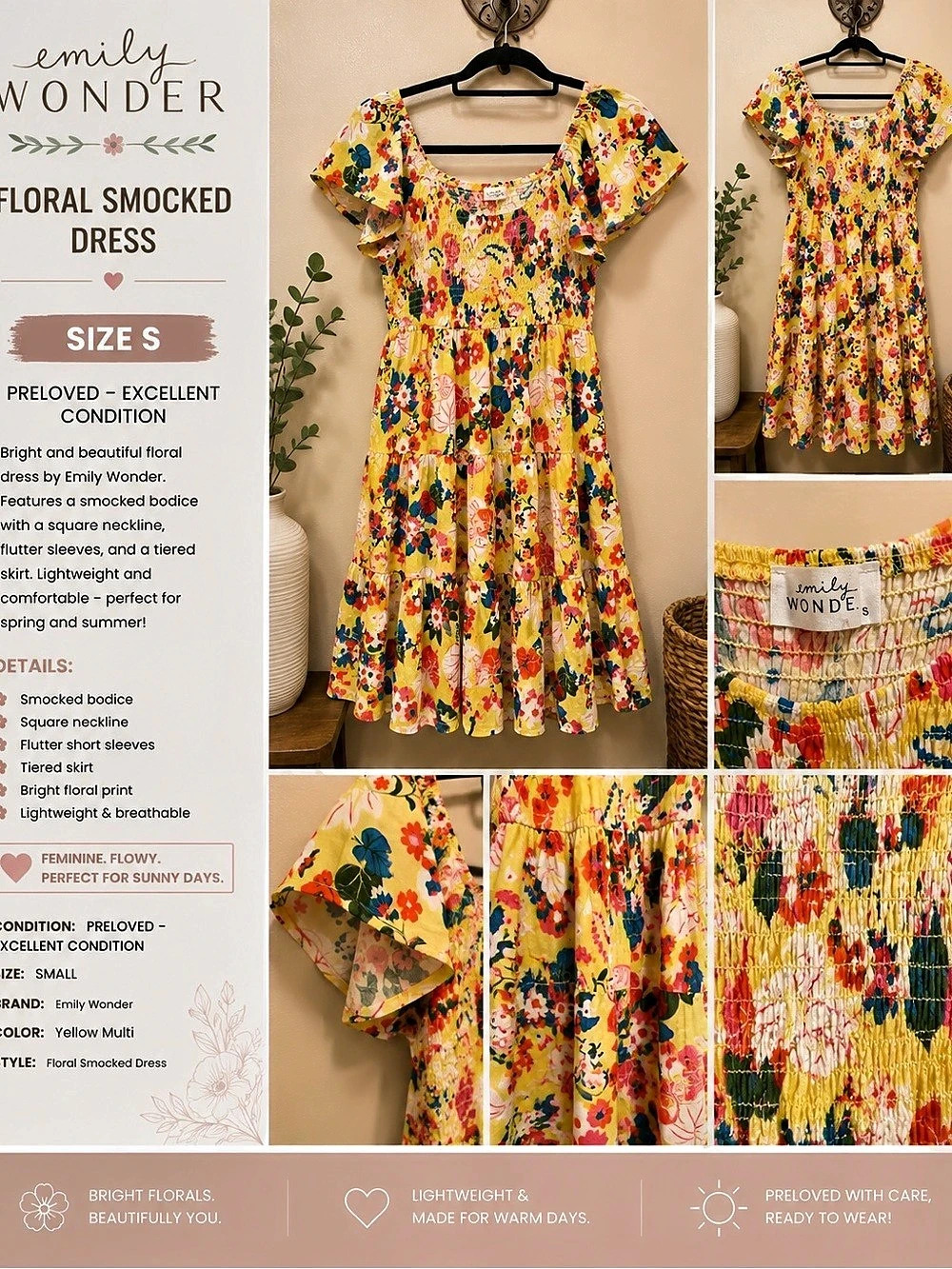 Emily Wonder Floral Smocked Dress Mini Yellow & Multicolor Small Like New